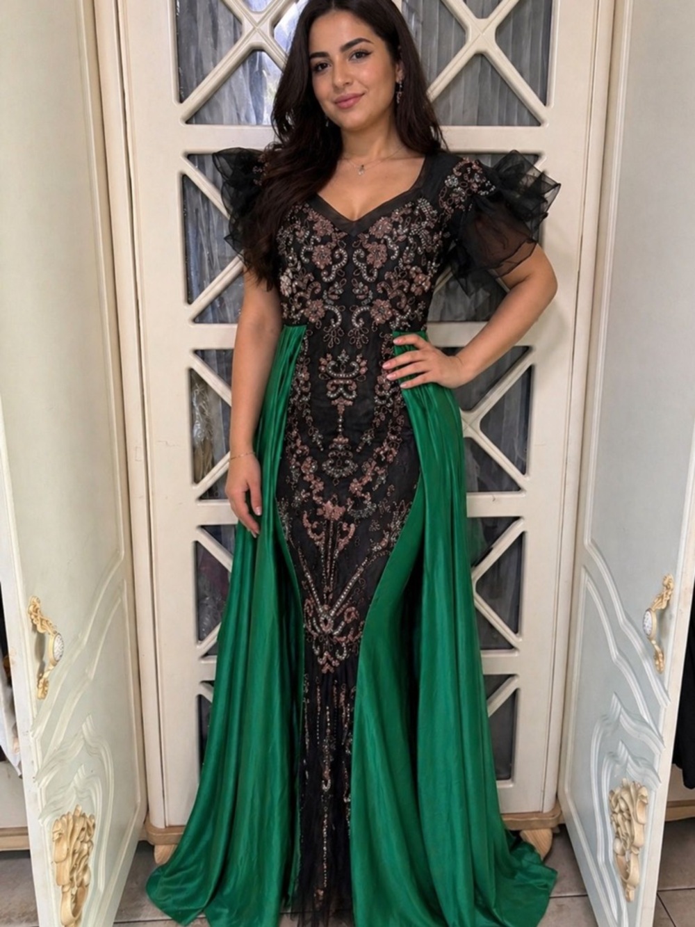 Black Lace and Emerald Green Overlay Evening Dress